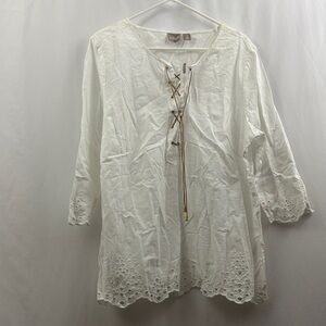 Chico’s Peasant Top 3/4 Sleeves Optic White Blouse Top Lace Up Tunic Women’s New